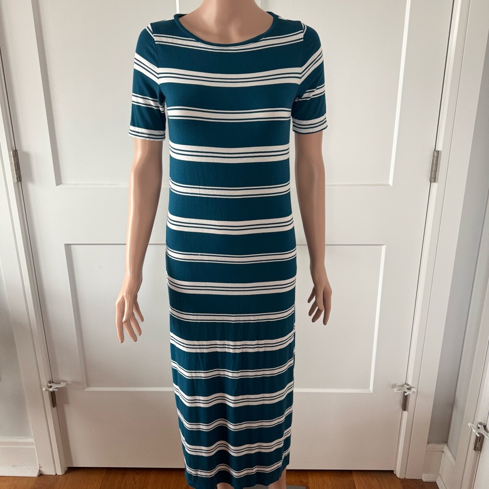 Monteau Black Cream Stripes Stretch Cotton Short Sleeves Slit Long Maxi Dress XS